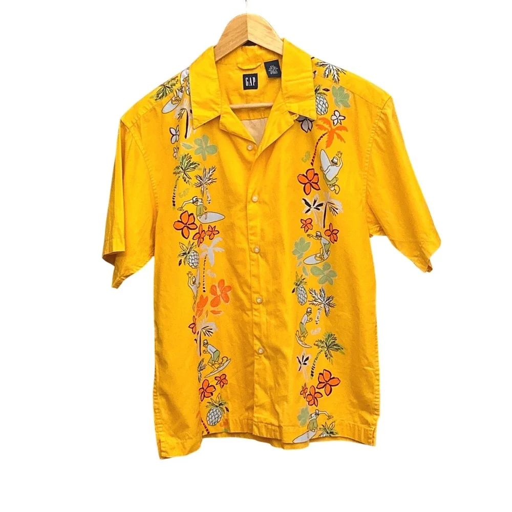 Y2K 2001 GAP Kids XXL Yellow Hawaiian Surf Shirt Tropical Y2K Surf Core Retro